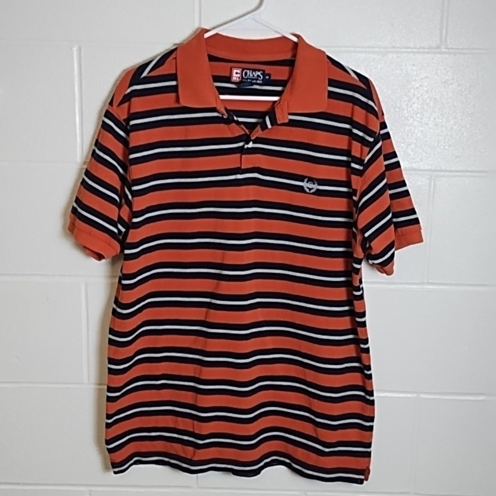 Chaps Men's Cotton Striped Polo Rugby Shirt in Orange Dark Navy Grey Stripes